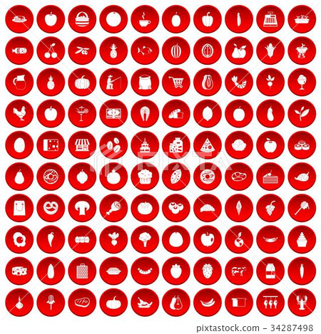 100 natural products icons set red 34287498