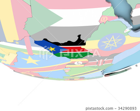 Map of South Sudan with flag on globe 34290893