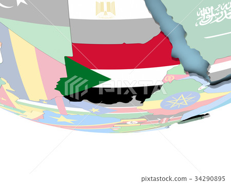 Map of Sudan with flag on globe 34290895