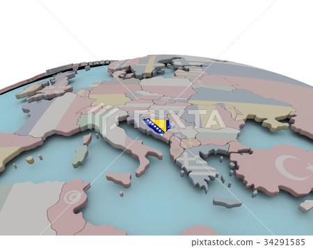 Political map of Bosnia on globe with flag 34291585