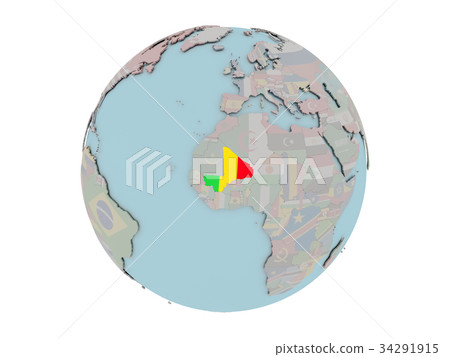 Mali with flag on globe 34291915