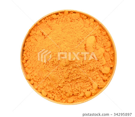 top view of turmeric powder in wooden bowl  34295897