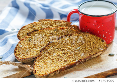Slices of pumpkin bread and a mug of milk. 34295909