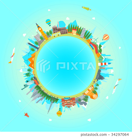 Cartoon Earth Globe and Building. Vector Cartoon Earth Globe and Building. Vector 34297064