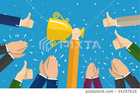 Businessman holding up a winning trophy. Businessman holding up a winning trophy. 34297628