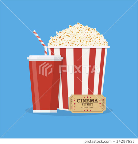 Popcorn with cup of soda and cinema ticket. 34297655