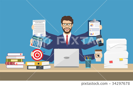 Happy businessman with many hands 34297678