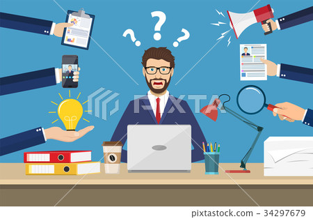 Happy businessman with many hands 34297679