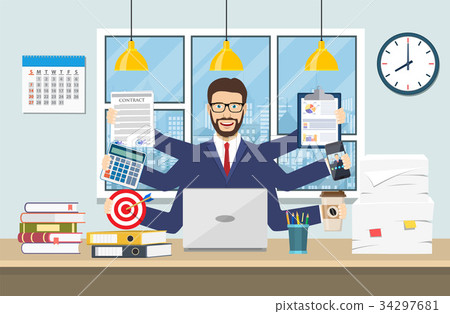 Happy businessman with many hands 34297681