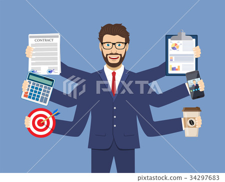 Happy businessman with many hands 34297683