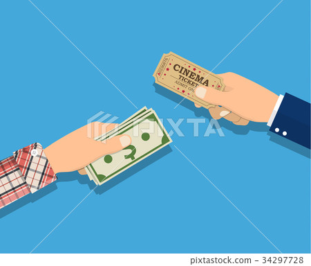 People holding ticket, money in hands. 34297728