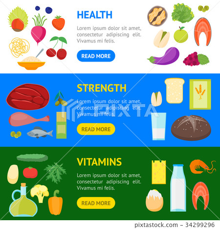 Cartoon Color Healthy Food Banner Horizontal Set Stock