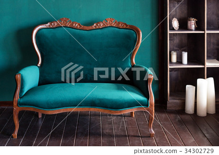 Antique wood sofa couch in vintage room. Classical Antique wood sofa couch in vintage room. Classical 34302729