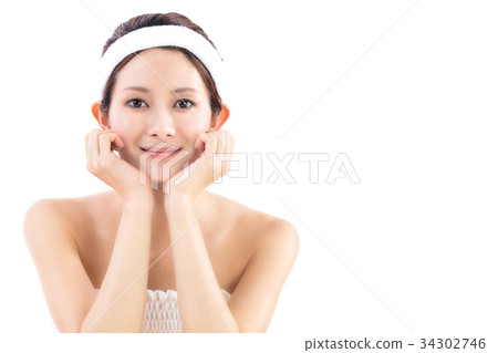 一位年輕的女士,臉頰貼 一位年輕的女士,臉頰貼 34302746