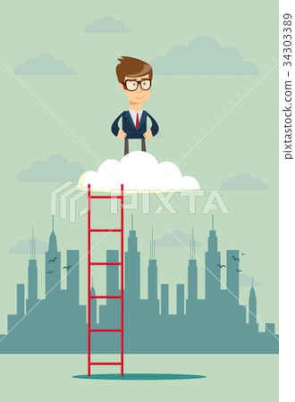 Businessman standing in a cloud on top Businessman standing in a cloud on top 34303389