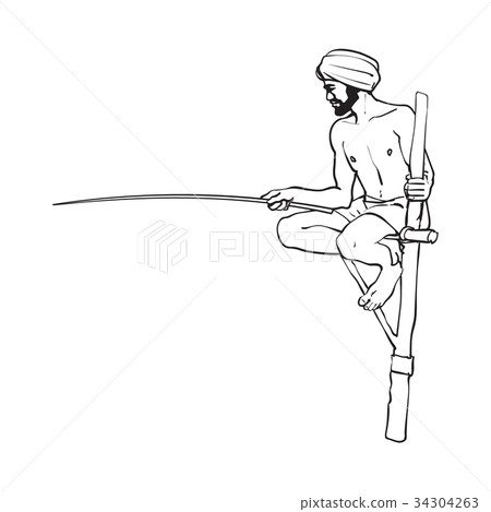 vector indian man in handscarf fishing at stilt vector indian man in handscarf fishing at stilt 34304263