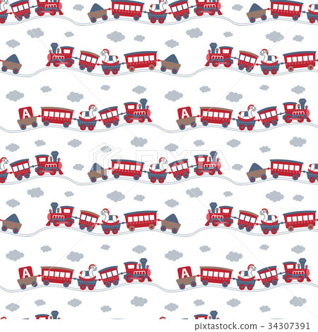Seamless pattern with cute toy trains. Seamless pattern with cute toy trains. 34307391