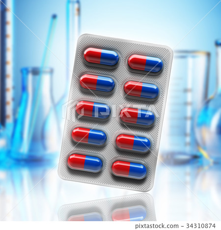 Red and blue pills in blister on lab background 34310874