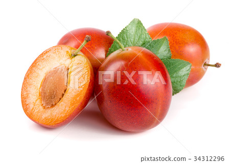 red plums end half with leaves isolated on white 34312296