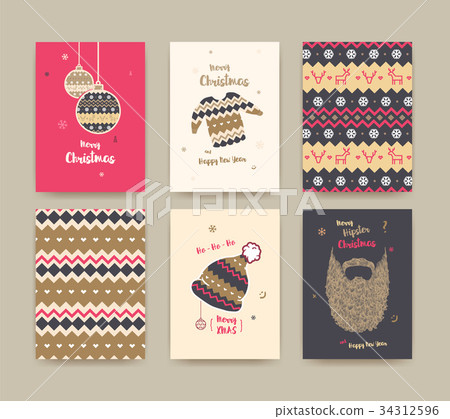 Christmas card set with winter hat, sweater, beard Christmas card set with winter hat, sweater, beard 34312596