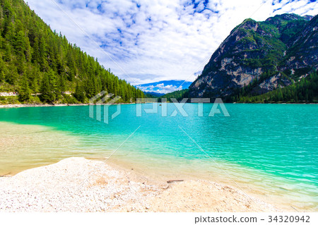 Braies lake in a cloudy day, South Tyrol Braies lake in a cloudy day, South Tyrol 34320942