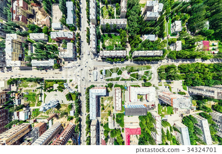 Aerial city view with crossroads and roads, houses Aerial city view with crossroads and roads, houses 34324701