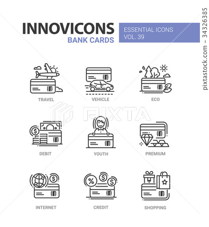 Bank Cards - modern vector line design icons set. Bank Cards - modern vector line design icons set. 34326385