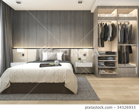 Luxury Modern Bedroom Suite In Hotel With Wardrobe Stock