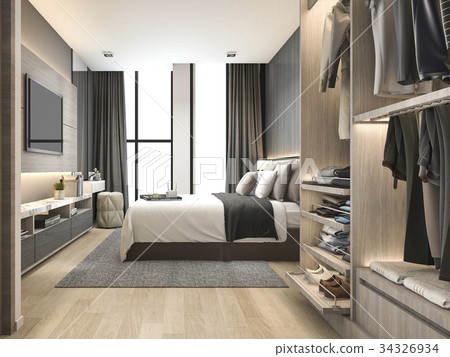 Luxury Modern Bedroom Suite In Hotel With Wardrobe Stock