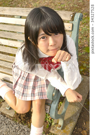 High school student bench with red ribbon 34327528