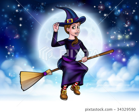 Halloween Witch Flying on Broomstick Background Halloween Witch Flying on Broomstick Background 34329590