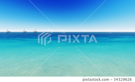 Sailing boat clear blue sea. 3D render. Sailing boat clear blue sea. 3D render. 34329626
