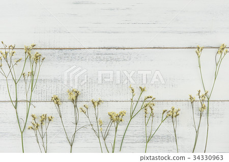 Yellow limonium caspia flowers on white wood  34330963