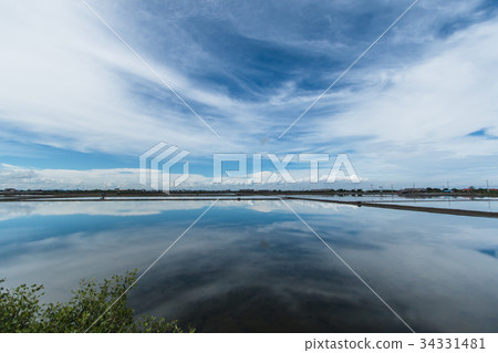 Blue sky and white clouds, water reflections 34331481