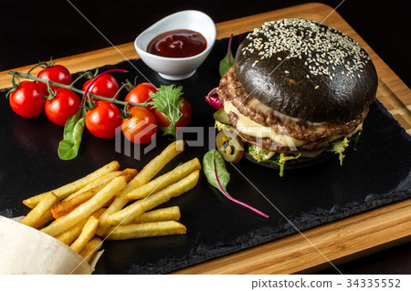 Black double hamburger made from beef with 34335552