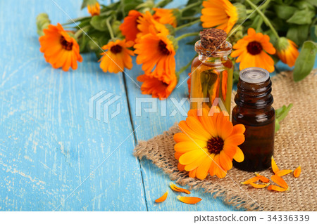aromatherapy essential oil with fresh marigold 34336339