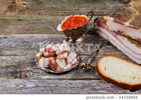 Ukrainian salo served with mustard, Ukrainian salo served with mustard, 34338908