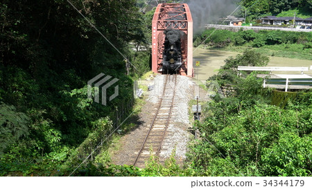 The scenery of SL Hitoyoshi crossing the Kumagawa River first bridge (iron bridge) over the Kumama River, Kumamoto Prefecture, Japan's three major torrents 34344179