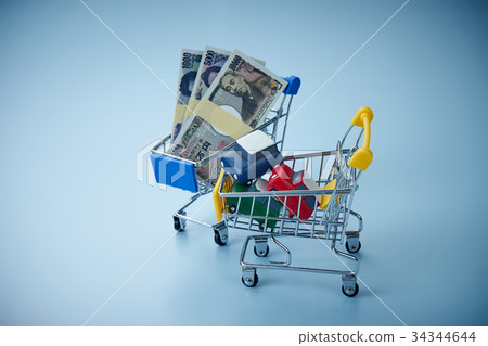 有金錢和汽車的購物車 有金錢和汽車的購物車 34344644