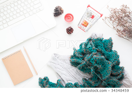 Flat lay of creative workspace with laptop Flat lay of creative workspace with laptop 34348459