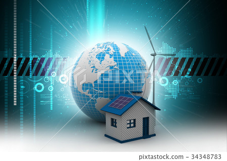 Wind mill and power house with globe Wind mill and power house with globe 34348783