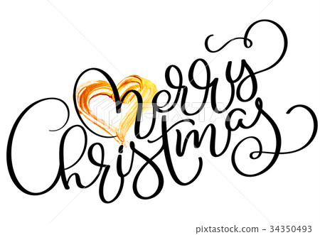 Merry Christmas holiday text with gold heart. Hand Merry Christmas holiday text with gold heart. Hand 34350493