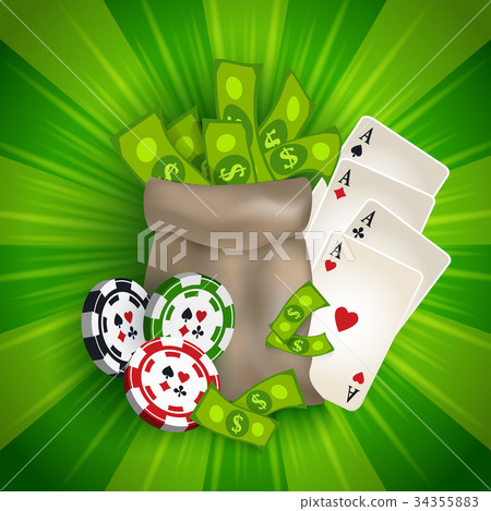 Casino banner with tokens, cards and money bag Casino banner with tokens, cards and money bag 34355883