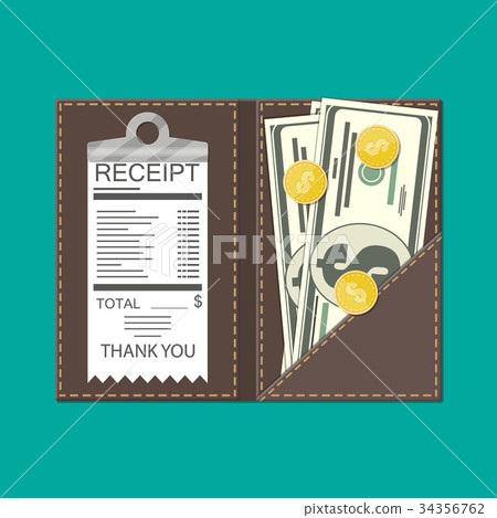 Leather folder with cash, coins and cashier check. 34356762