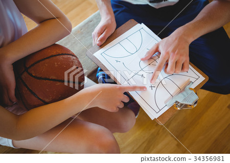 Close up of coach explaining diagram to female basketball player 34356981