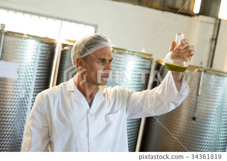 Technician examining olive oil produced from machine 34361819