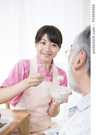 Elderly person care assistance scene food assistance carer 34369488