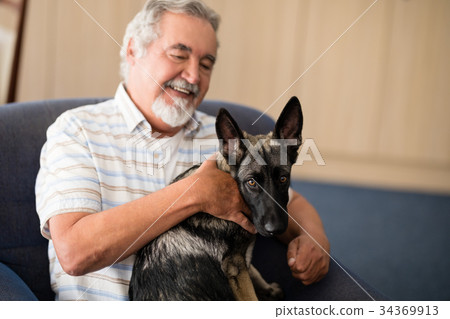 Happy senior man stroking puppy while sitting on armchair Happy senior man stroking puppy while sitting on armchair 34369913