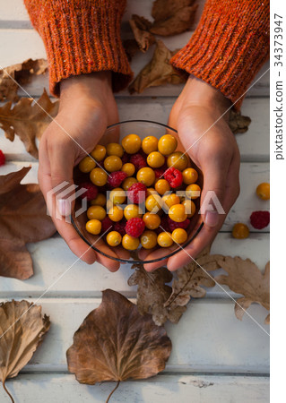Hand of woman holding bowl of autumn berries Hand of woman holding bowl of autumn berries 34373947