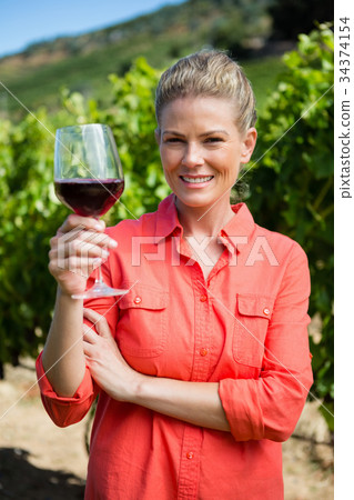 Portrait of female vintner holding glass of wine Portrait of female vintner holding glass of wine 34374154